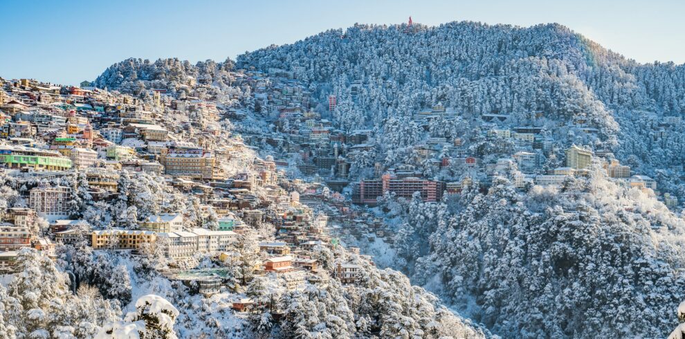 A scenic view of Shimla in winter, with snow-covered buildings and forests under a clear blue sky.